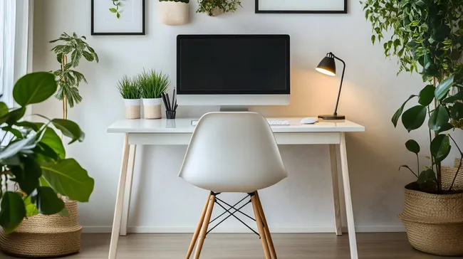 Minimalistische Homeoffice-Einrichtung mit Pflanzen