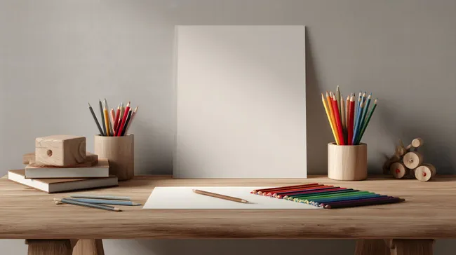 Minimalistische Künstler-Arbeitsplatz mit Buntstiften