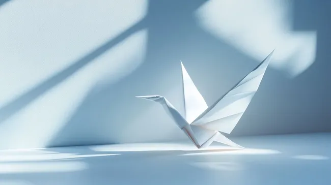 Minimalistische Origami-Kranichskulptur in sanftem Licht