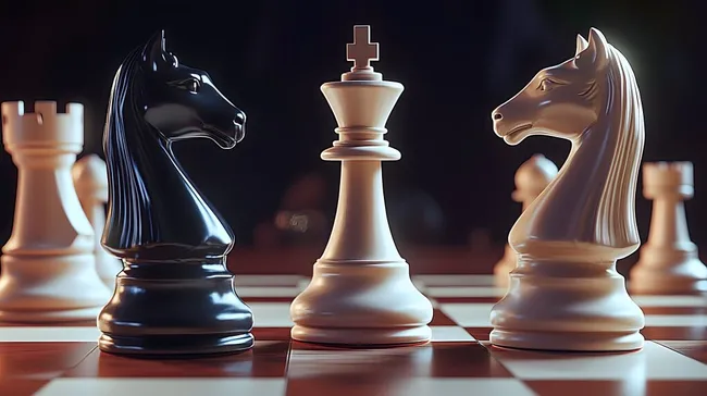 Minimalistische Schachfiguren auf dunklem Holzbrett