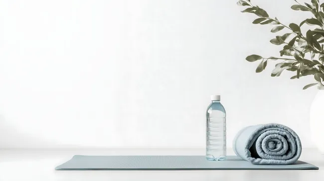 Minimalistische Yogamatte mit Wasserflasche und Handtuch