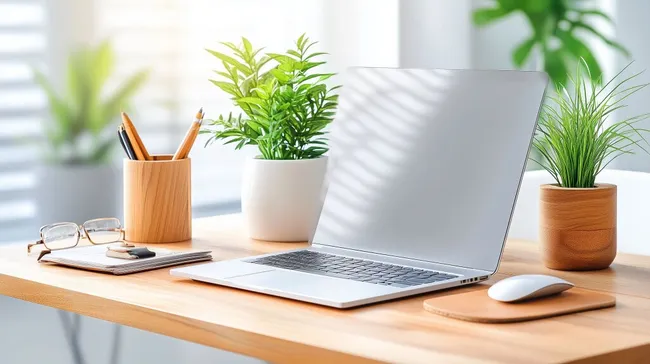 Minimalistischer Büroarbeitsplatz mit Laptop und Grünpflanzen