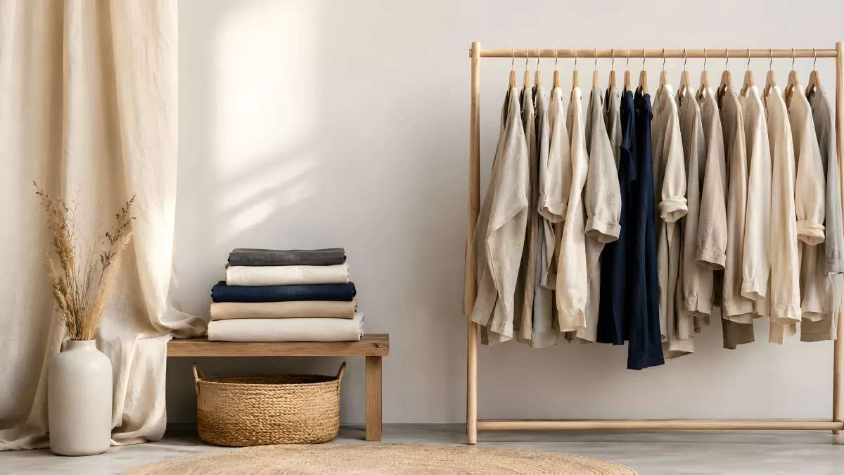 Minimalistischer Kleiderständer mit Naturfarben im Zimmer