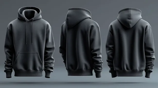 Minimalistischer schwarzer Herren-Hoodie in 3 Ansichten
