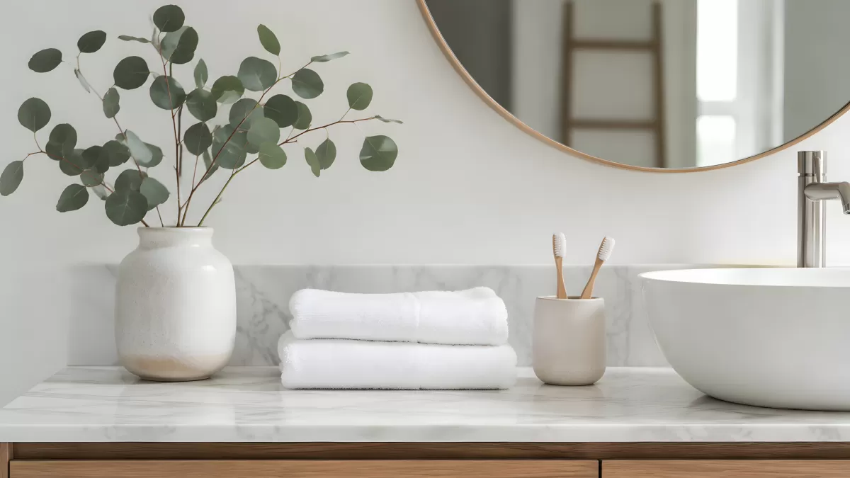 Minimalistisches Badezimmer mit Marmor und Eukalyptus