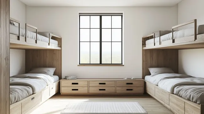 Minimalistisches Design mit Etagenbetten in hellem Hostel