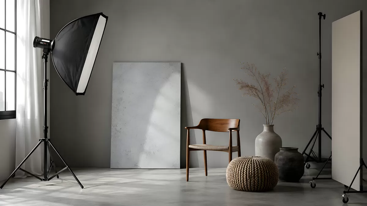 Minimalistisches Fotostudio mit Holzstuhl und Softbox