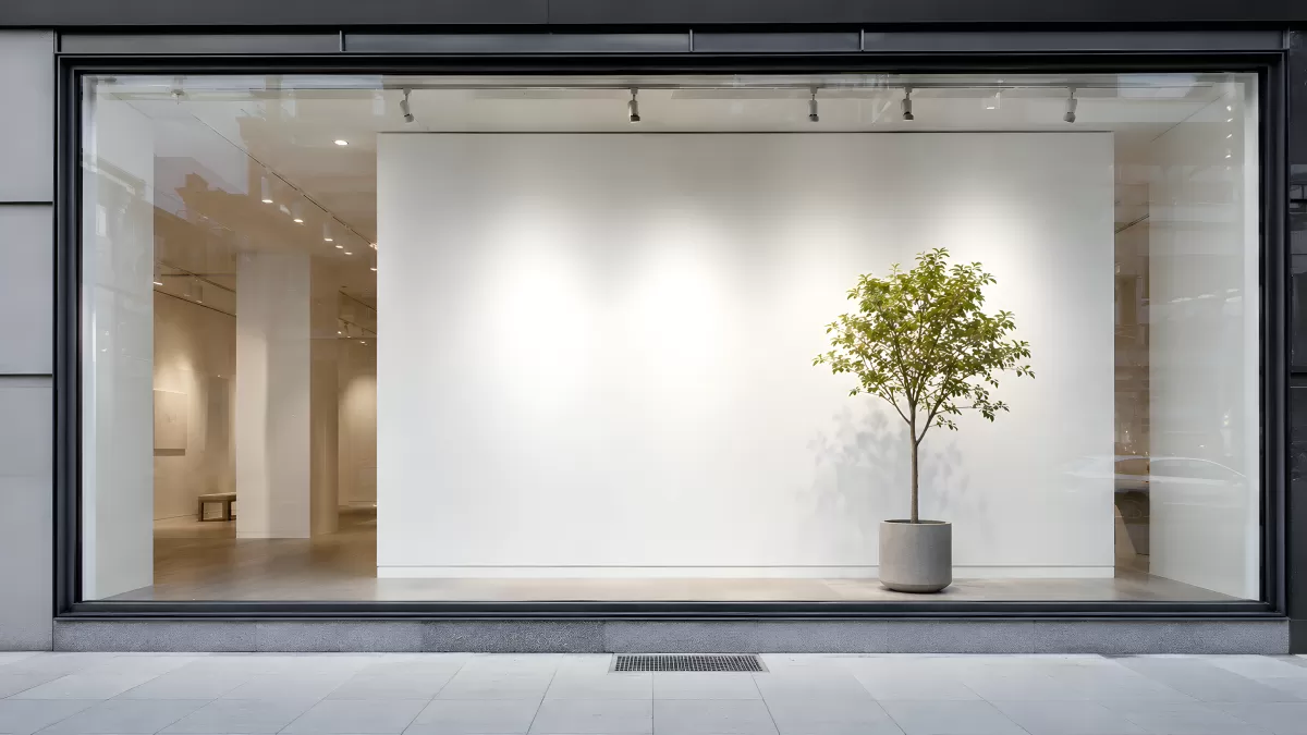 Minimalistisches Schaufenster mit Baum und weißer Wand