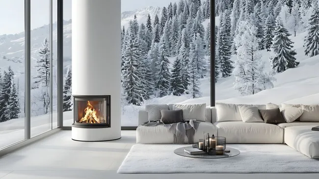 Minimalistisches Wohnzimmer mit Kamin und Panoramablick