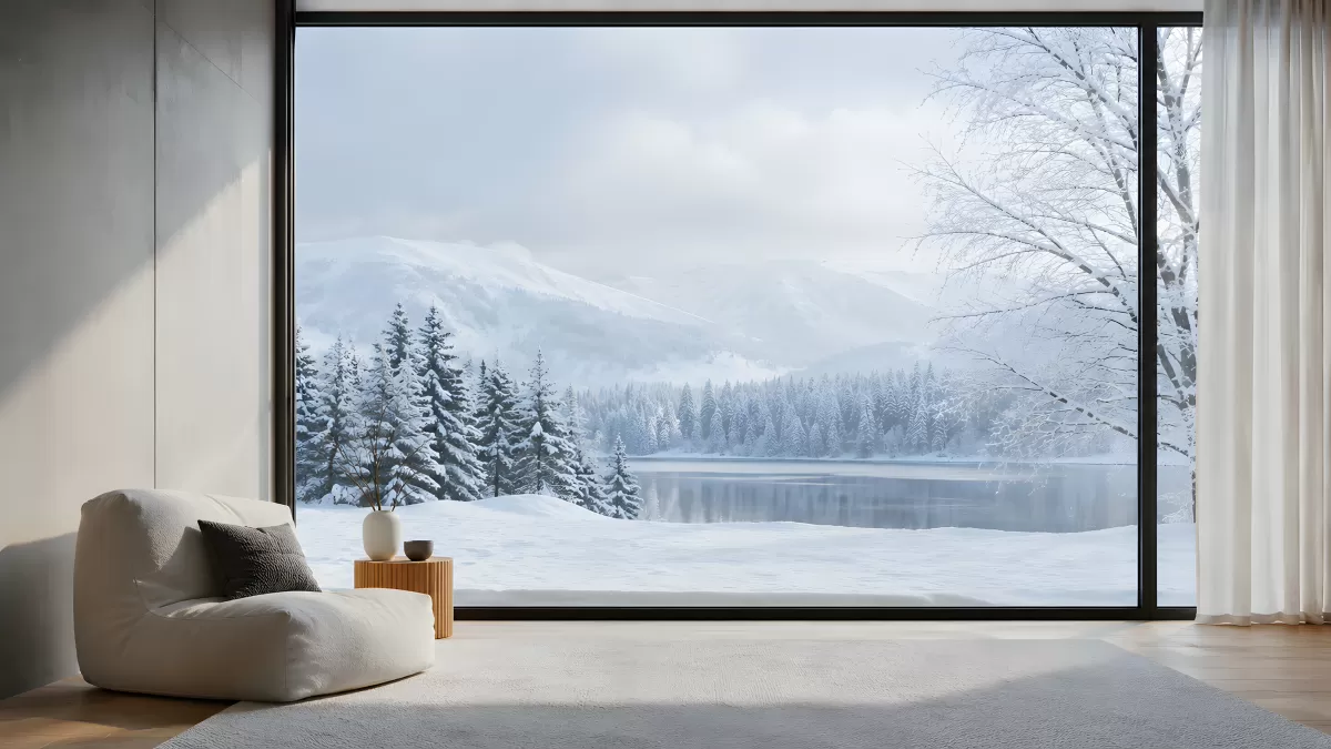 Minimalistisches Wohnzimmer mit Winterlandschaft dahinter