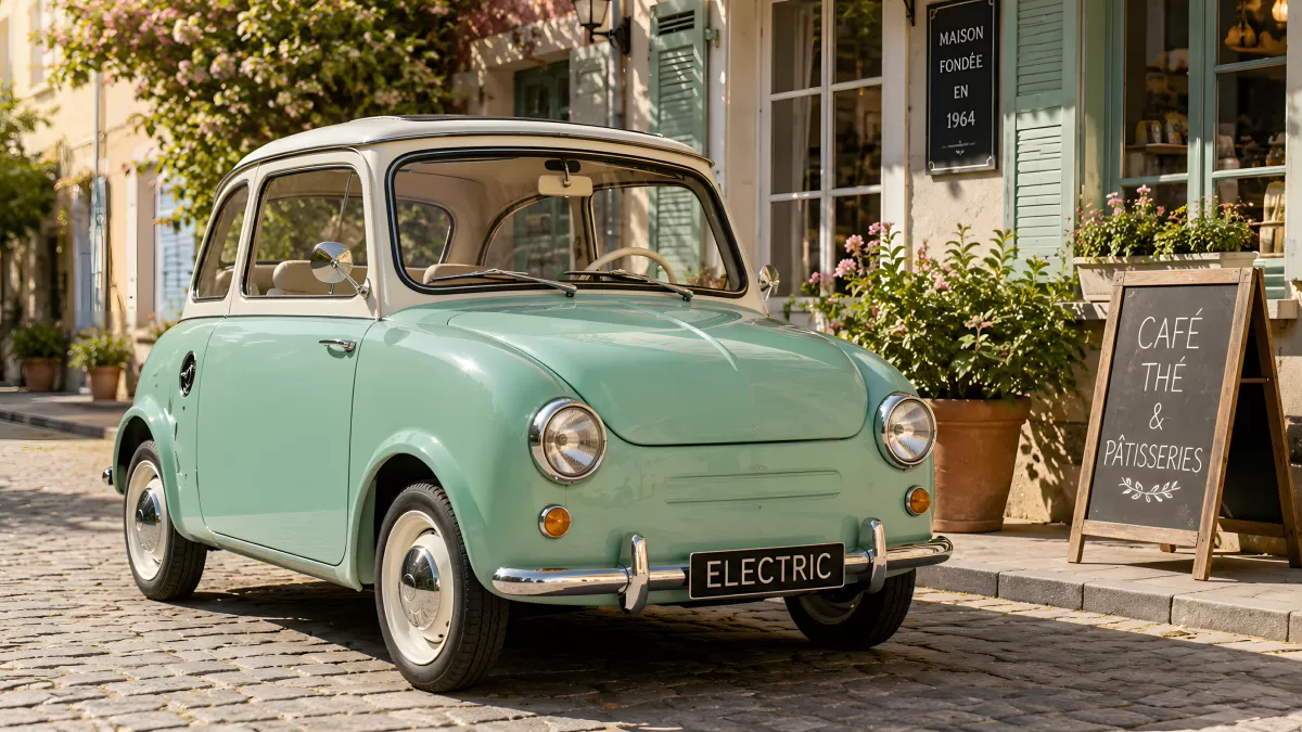 Mintgrüner Oldtimer-Kleinwagen auf Kopfsteinpflaster