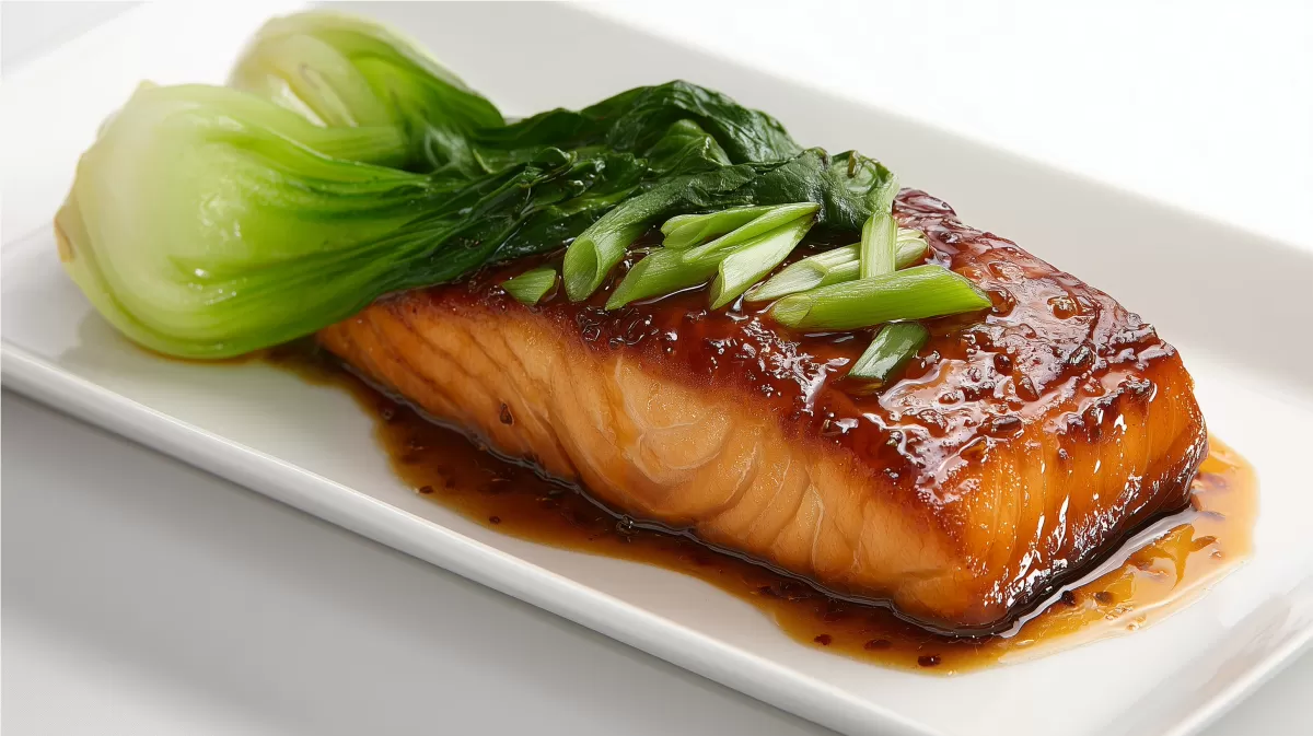 Miso glasierter Lachs mit Pak Choi auf Teller