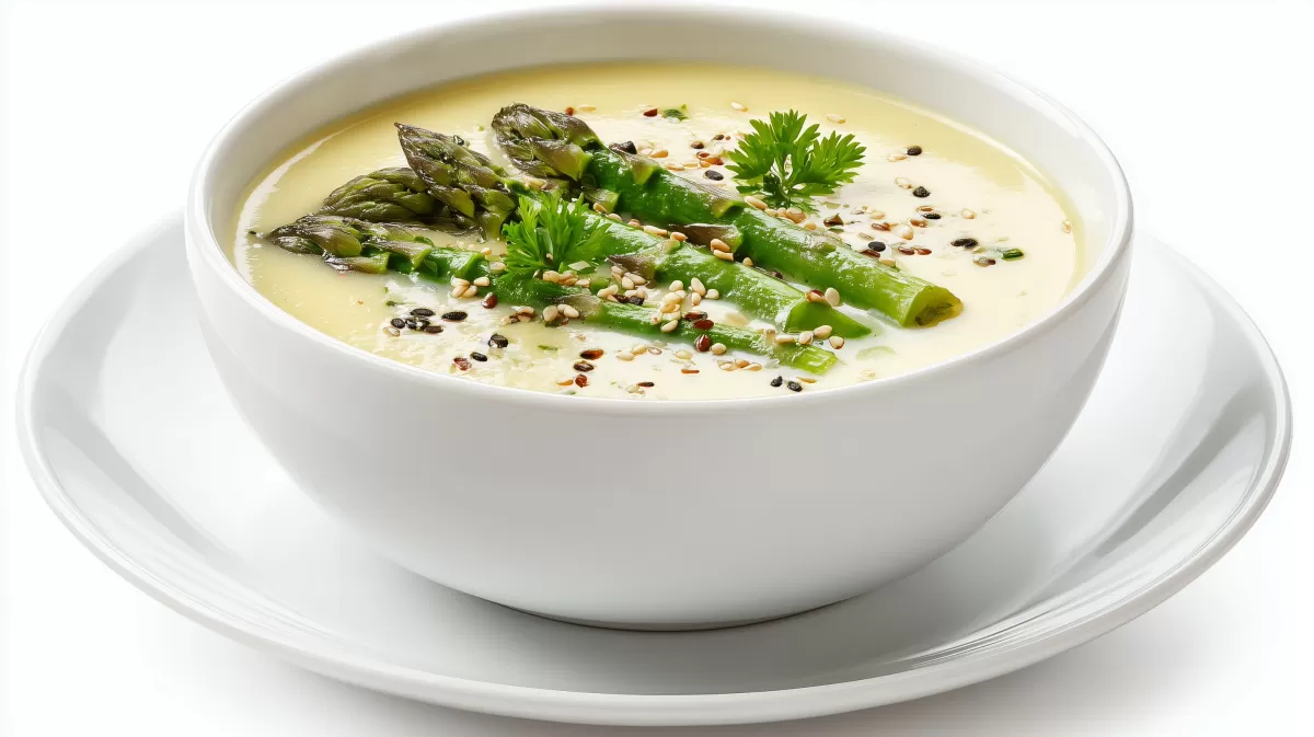 Miso Spargel Suppe mit Sesam in weißer Schale