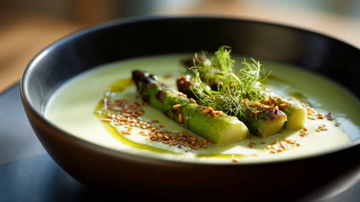 Miso Spargel Suppe mit Sesam und Kräutern