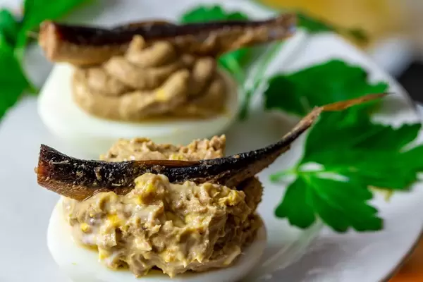 Mit Pate gefüllte Eier und einer Sardine
