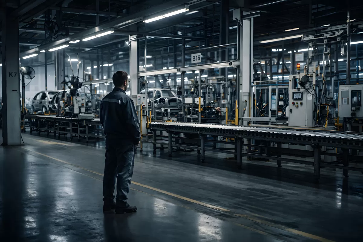 Mitarbeiter beobachtet Fahrzeugproduktion am Fließband