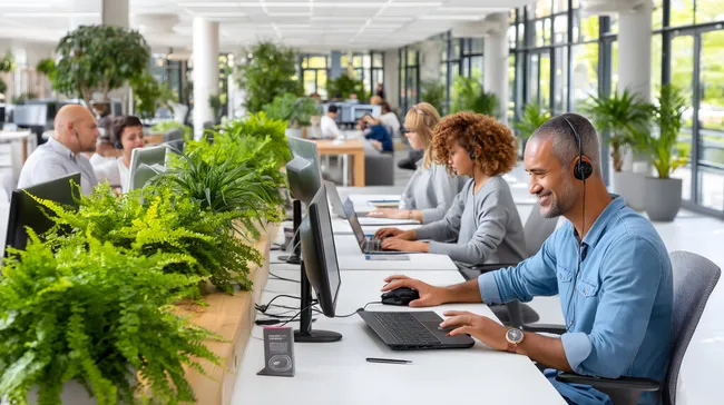 Mitarbeiter in modern gestalteter Büroumgebung mit Zimmerpflanzen