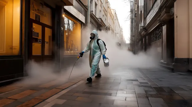 Mitarbeiter in Schutzausrüstung desinfiziert Straße während Corona-Pandemie