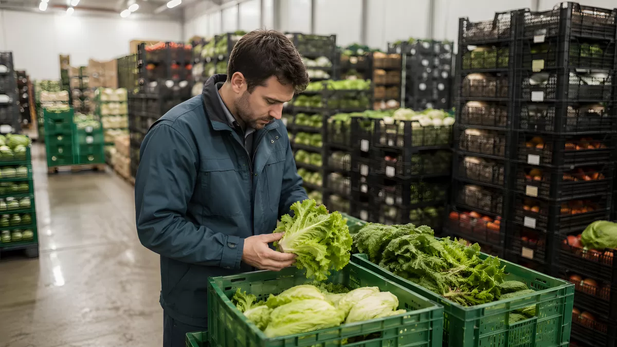 Mitarbeiter prüft Salat im Gemüselager