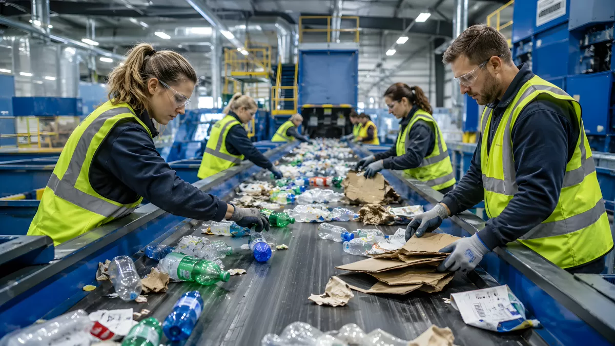 Mitarbeiter sortieren Wertstoffe am Förderband