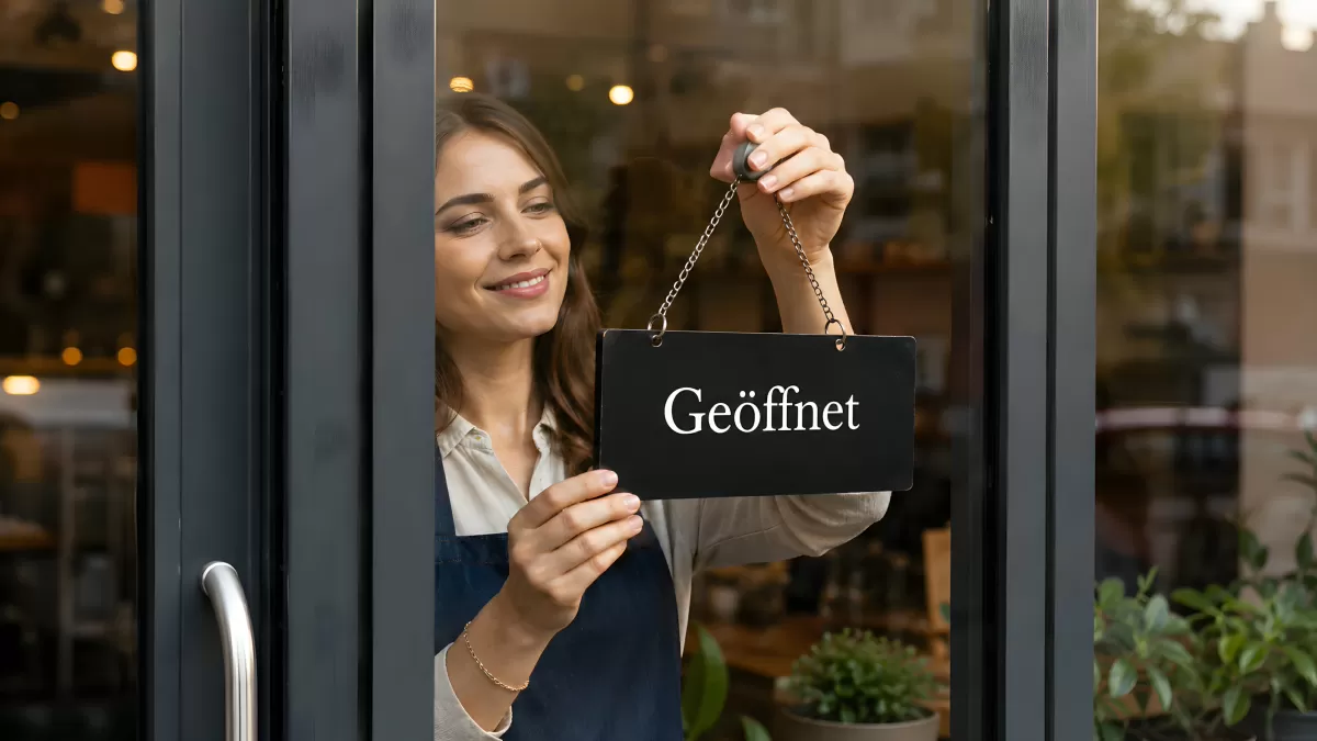 Mitarbeiterin hängt Geöffnet-Schild an Ladentür