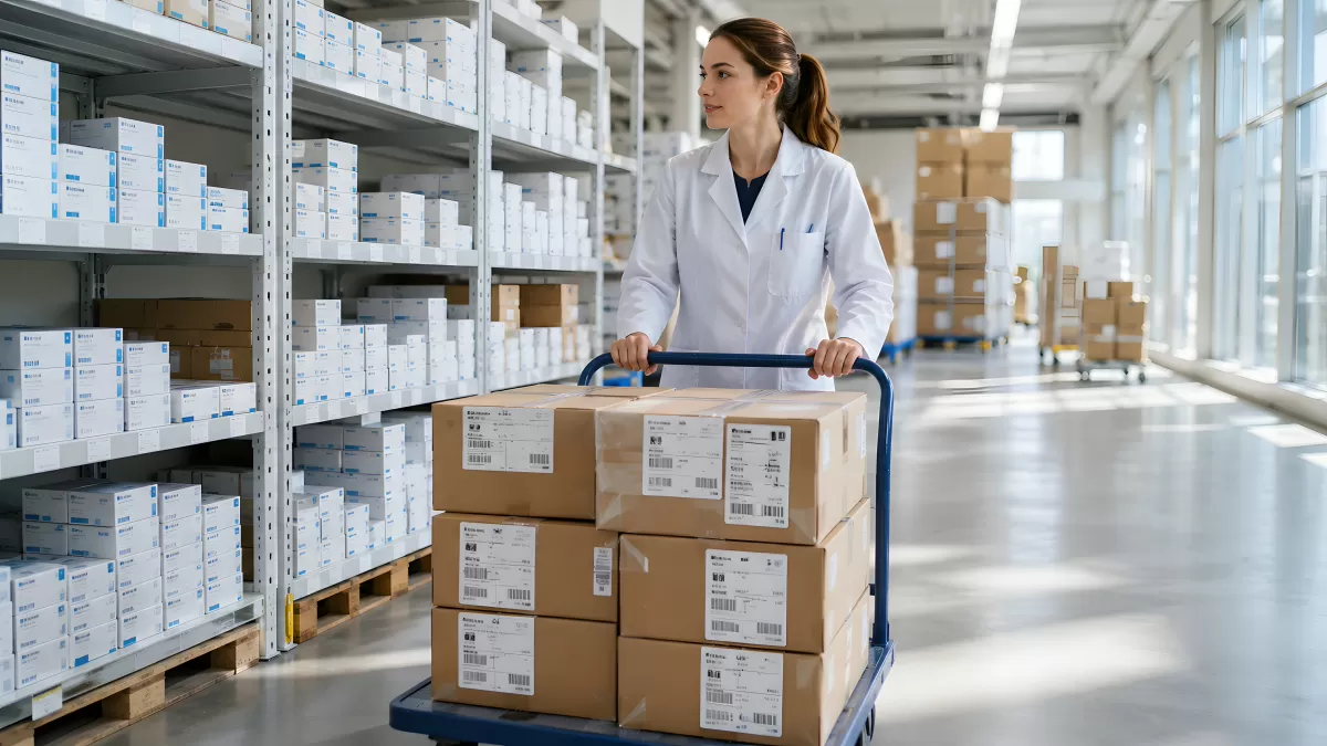 Mitarbeiterin im Labor transportiert Pakete im Lager