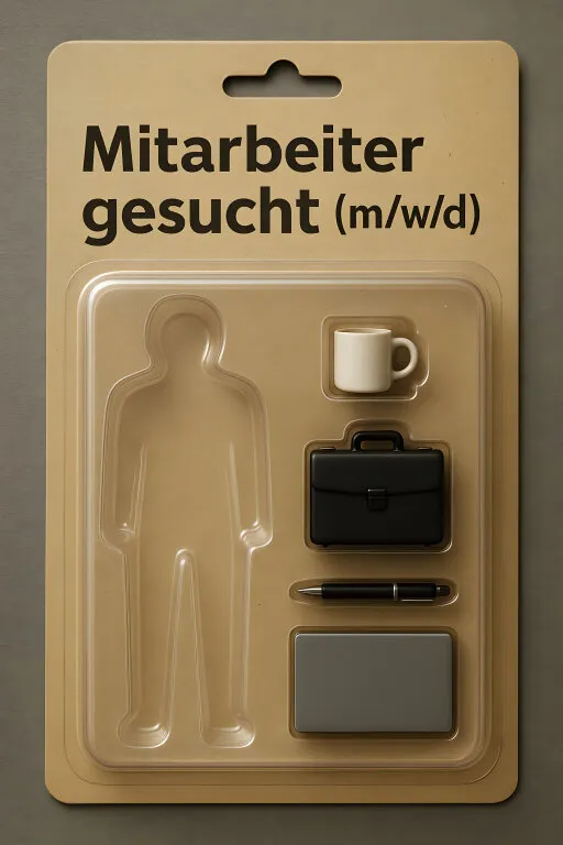 Mitarbeitersuche: Büroartikel und Piktogramm auf Verpackung