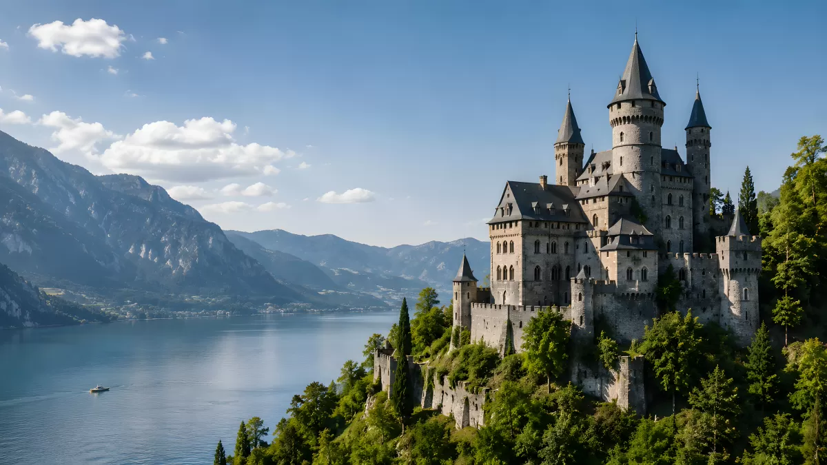 Mittelalterliche Burg auf Felsen über einem Bergsee
