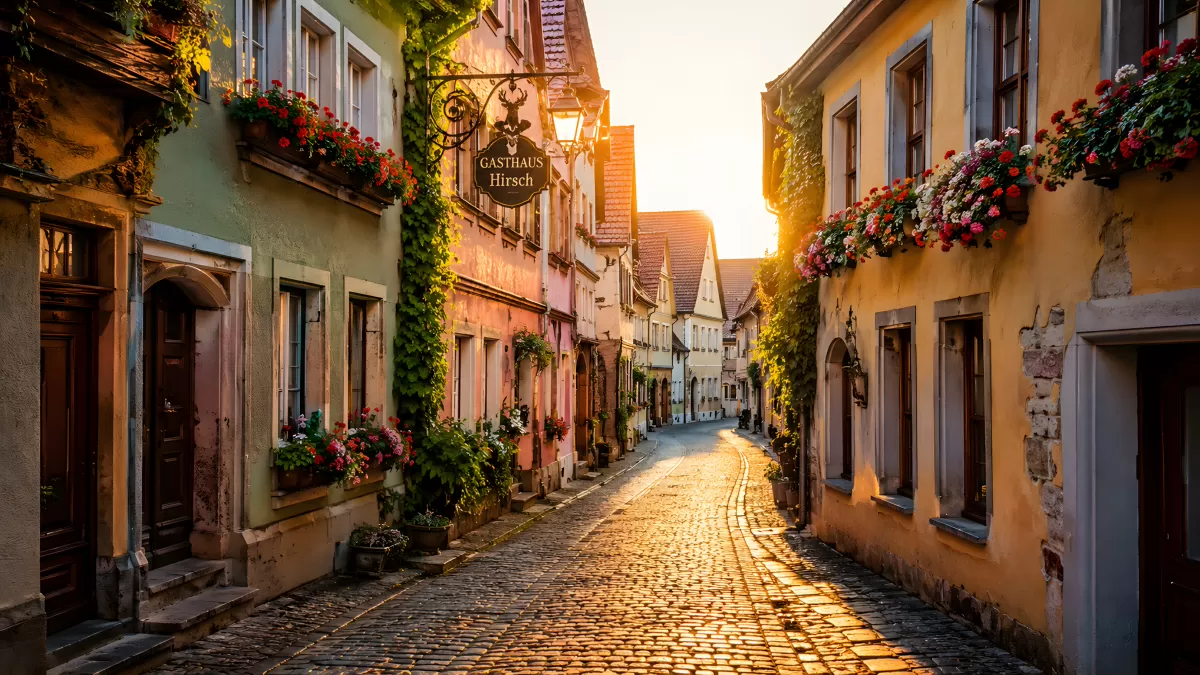 Mittelalterliche Kopfsteinpflastergasse im Abendlicht