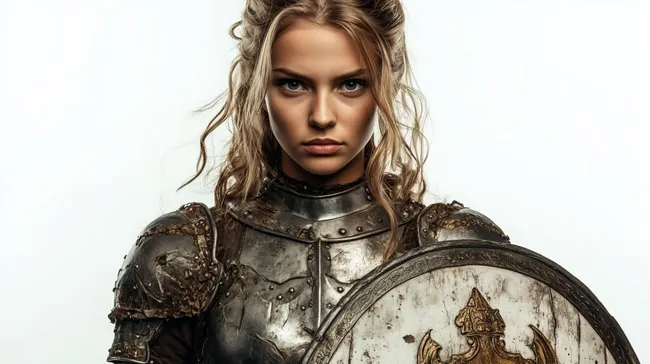 Mittelalterliche Kriegerin mit Schild und Schwert