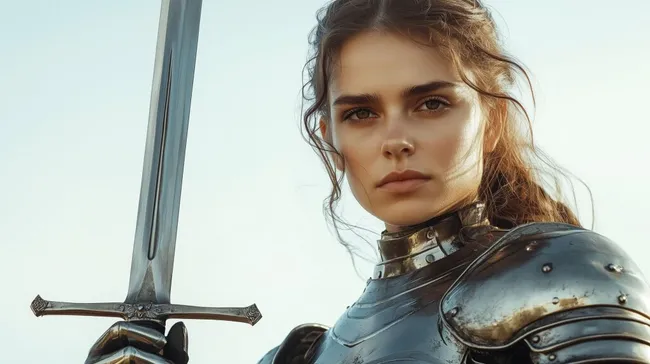 Mittelalterliche Kriegerin mit Schwert in glänzender Rüstung
