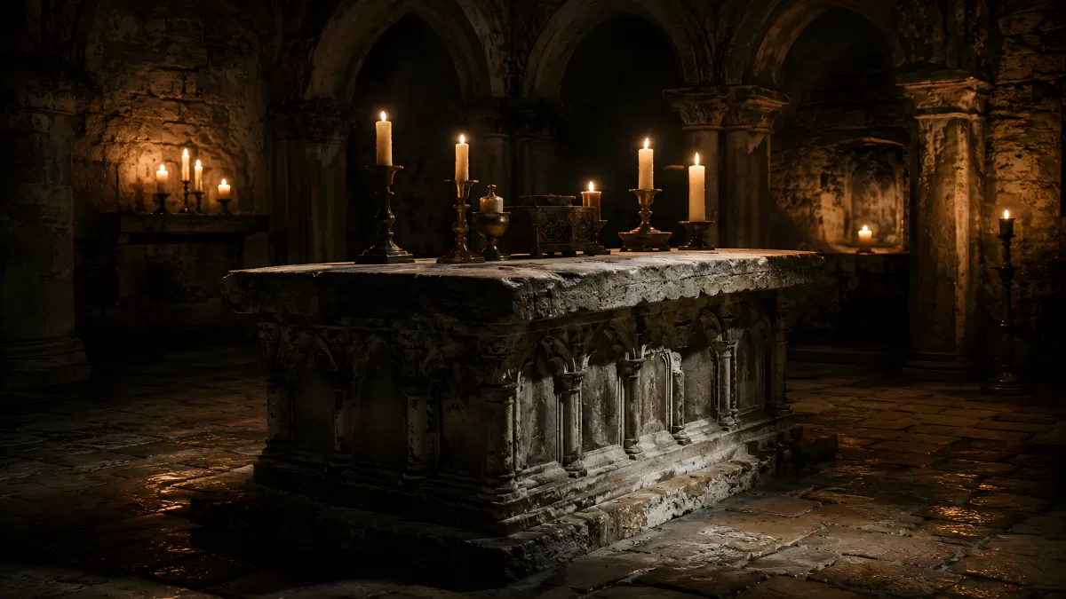 Mittelalterlicher Steinaltar mit Kerzen in dunkler Krypta