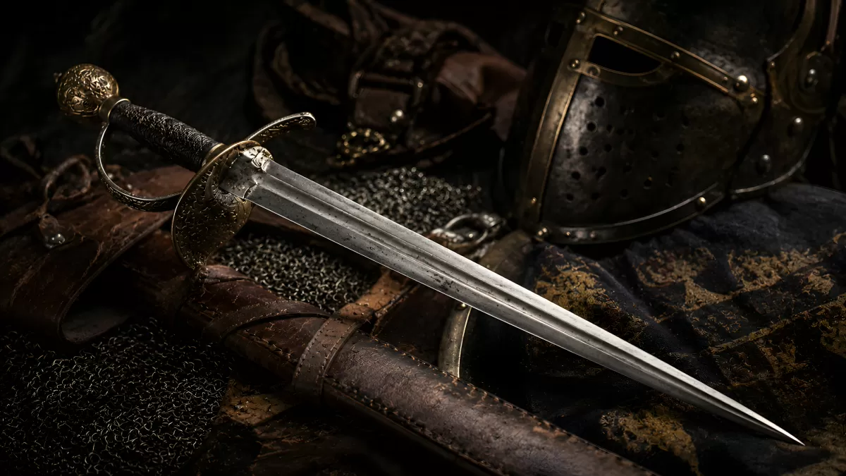 Mittelalterliches Schwert mit Helm und Rüstung