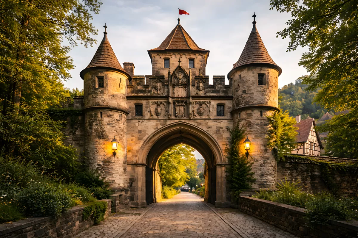 Mittelalterliches Stadttor mit Türmen im Abendlicht