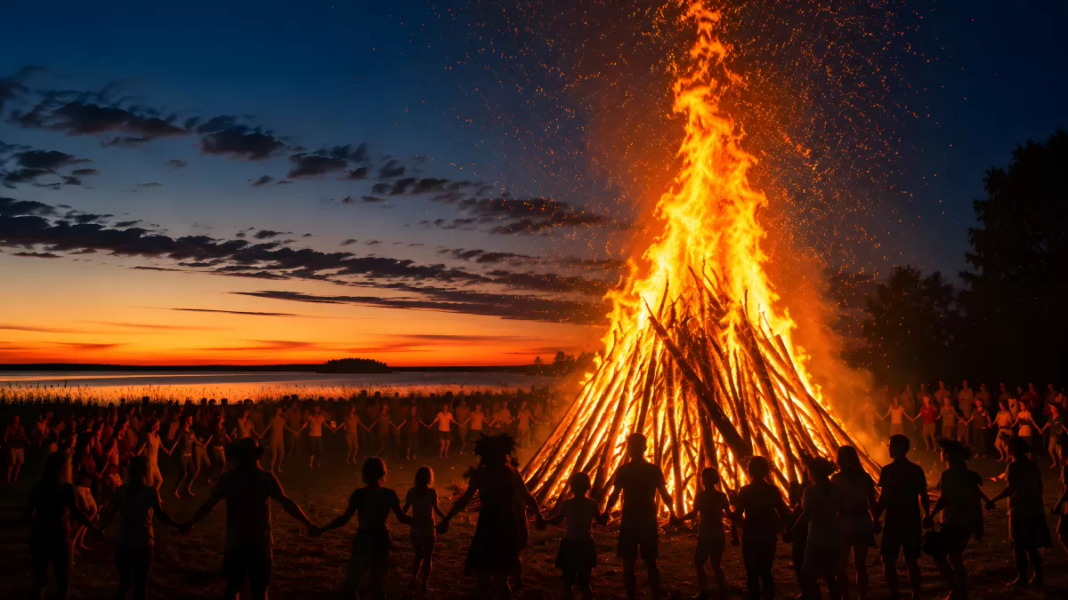 Mittsommernacht Lagerfeuer mit tanzenden Menschen am See