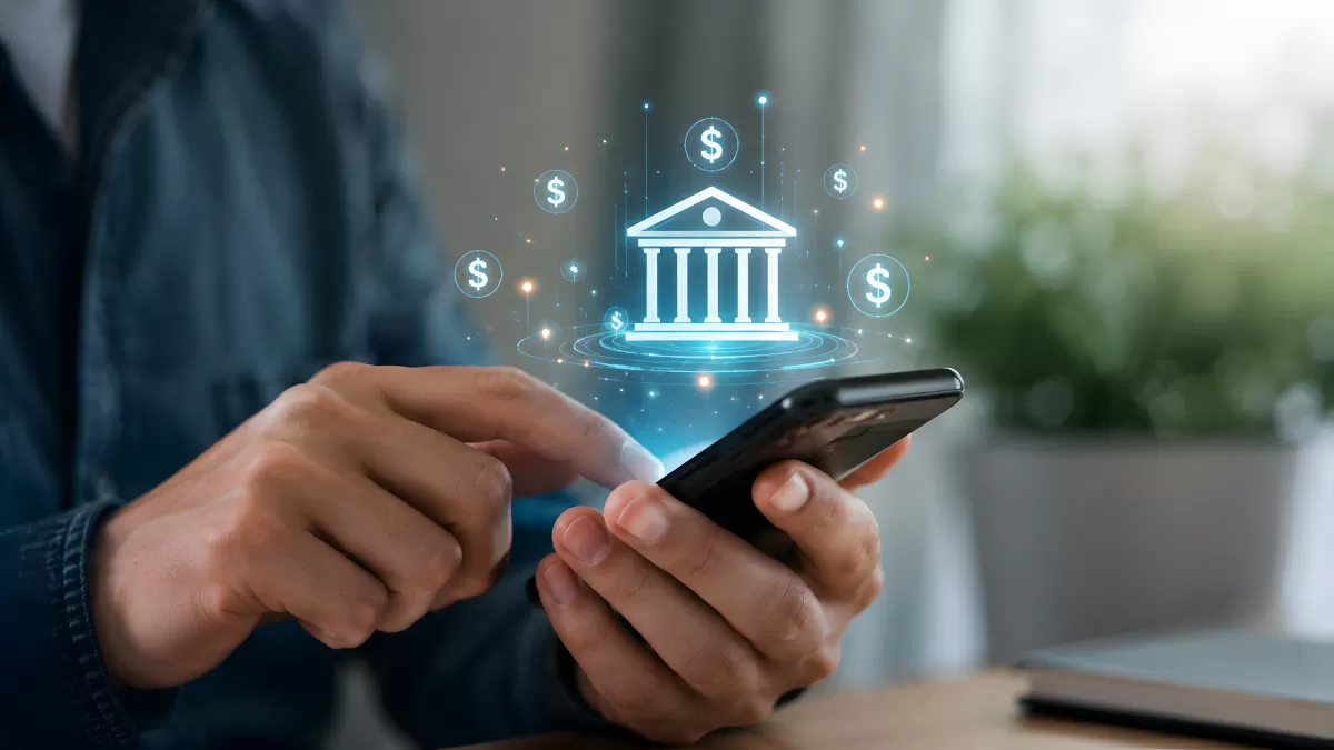 Mobile Banking mit digitalem Bank-Hologramm auf Smartphone