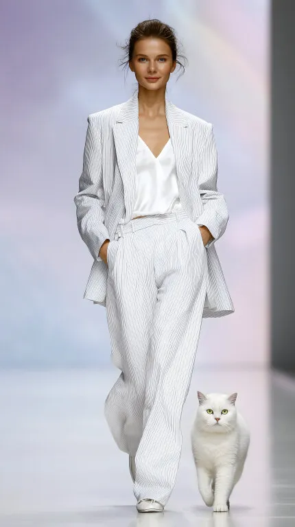 Mode-Model im weißen Anzug mit Katze auf Laufsteg