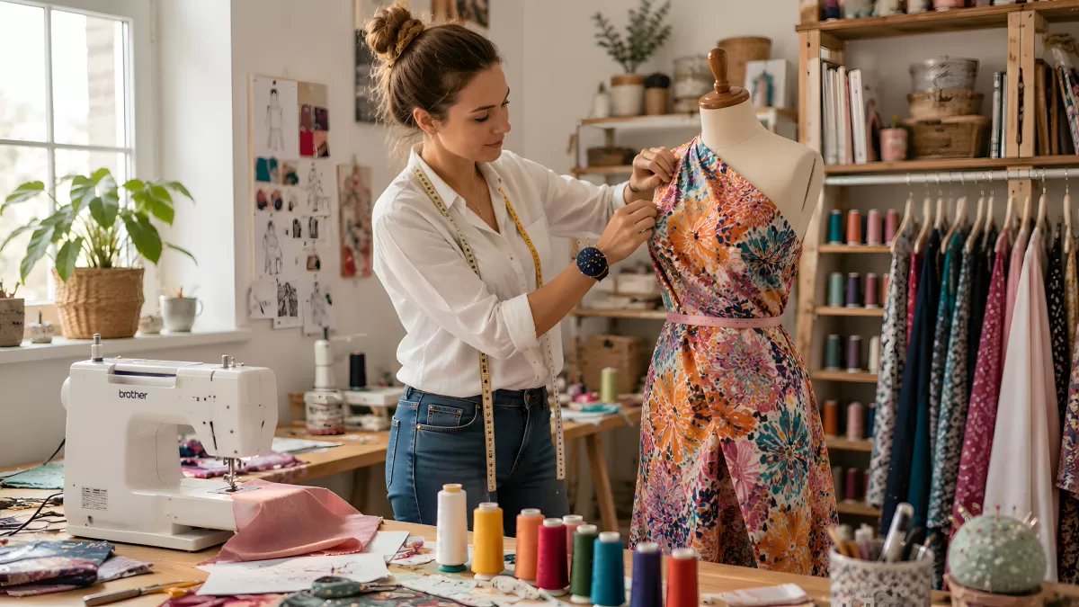 Modedesignerin drapiert Blumenkleid auf Schneiderpuppe
