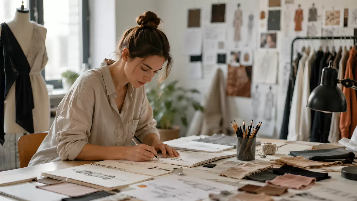 Modedesignerin skizziert Entwürfe in ihrem Atelier