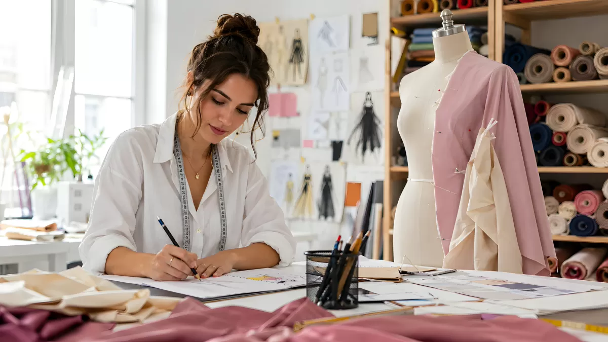 Modedesignerin zeichnet Skizzen in ihrem Atelier