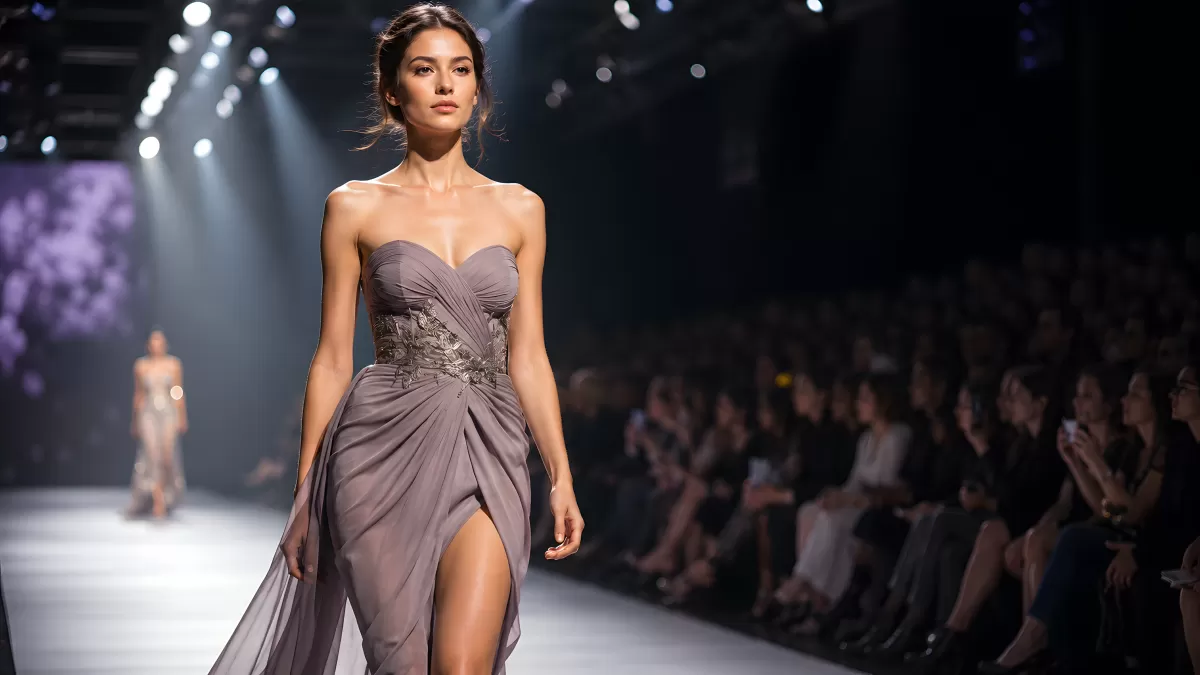 Model in grauem Abendkleid auf dem Laufsteg