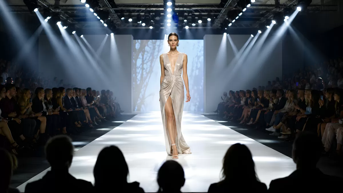 Model in silbernem Abendkleid auf der Laufsteg-Modeshow