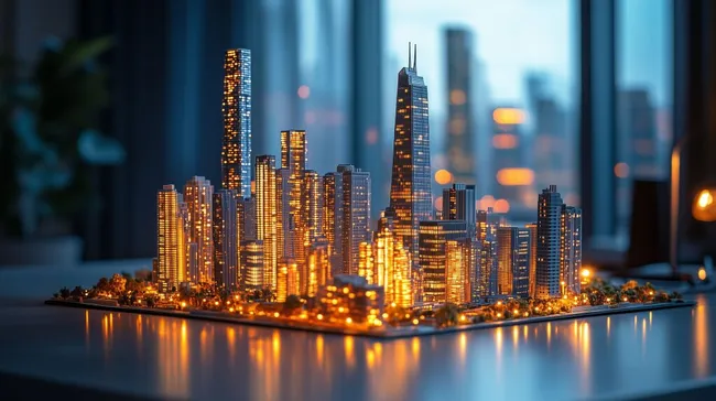 Modell einer leuchtenden Großstadt bei Dämmerung