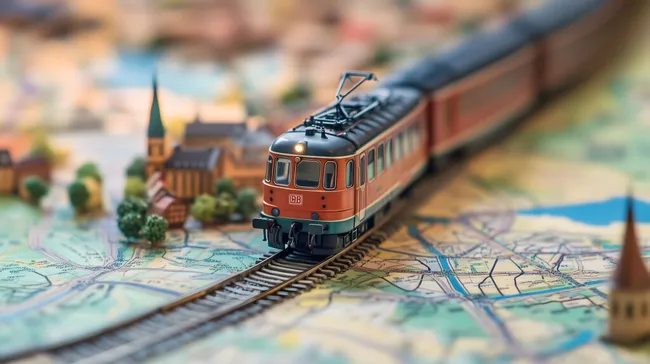 Modell einer liebevoll gestalteten Eisenbahnanlage auf detaillierter Landkarte