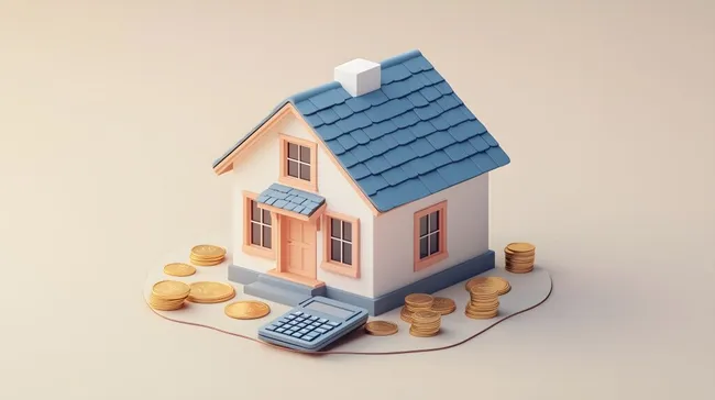 Modell eines Hauses mit Münzen und Taschenrechner