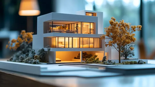 Modell eines modernen Architektenhauses mit Beleuchtung