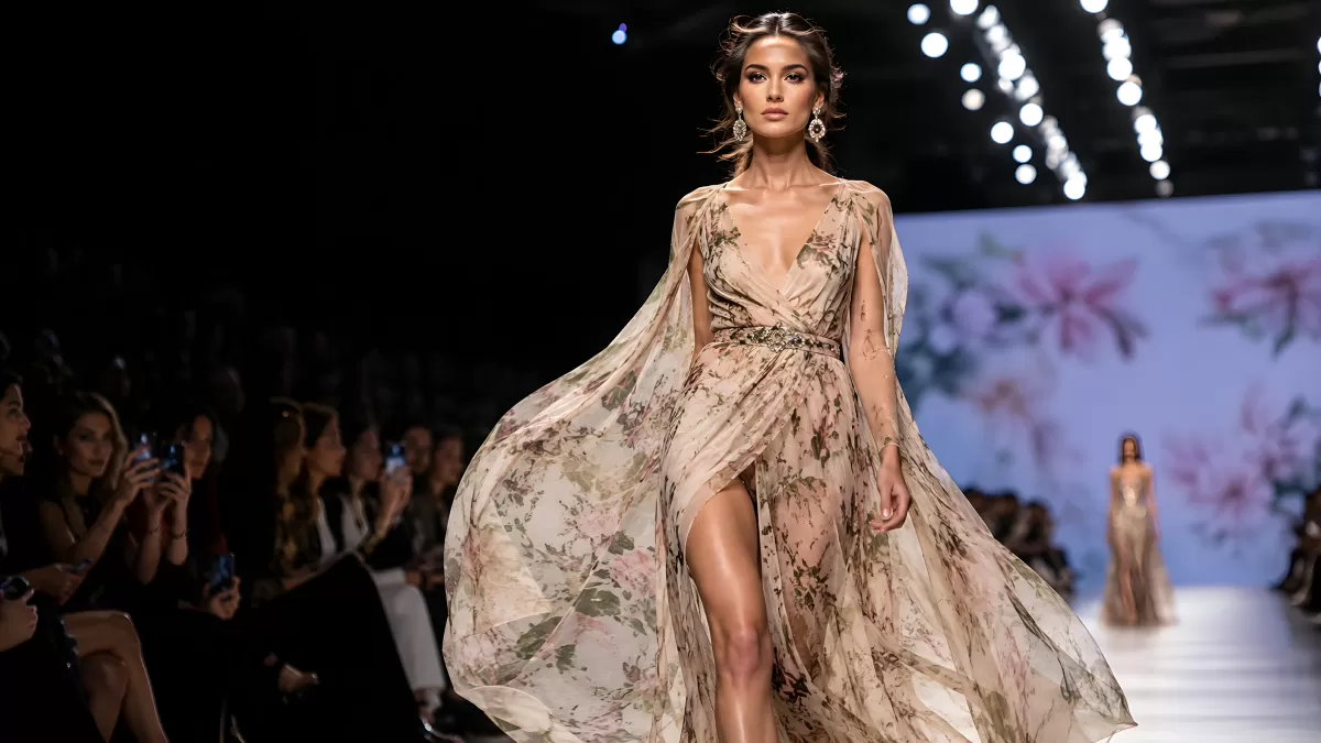 Modell in floralem Chiffonkleid auf dem Laufsteg