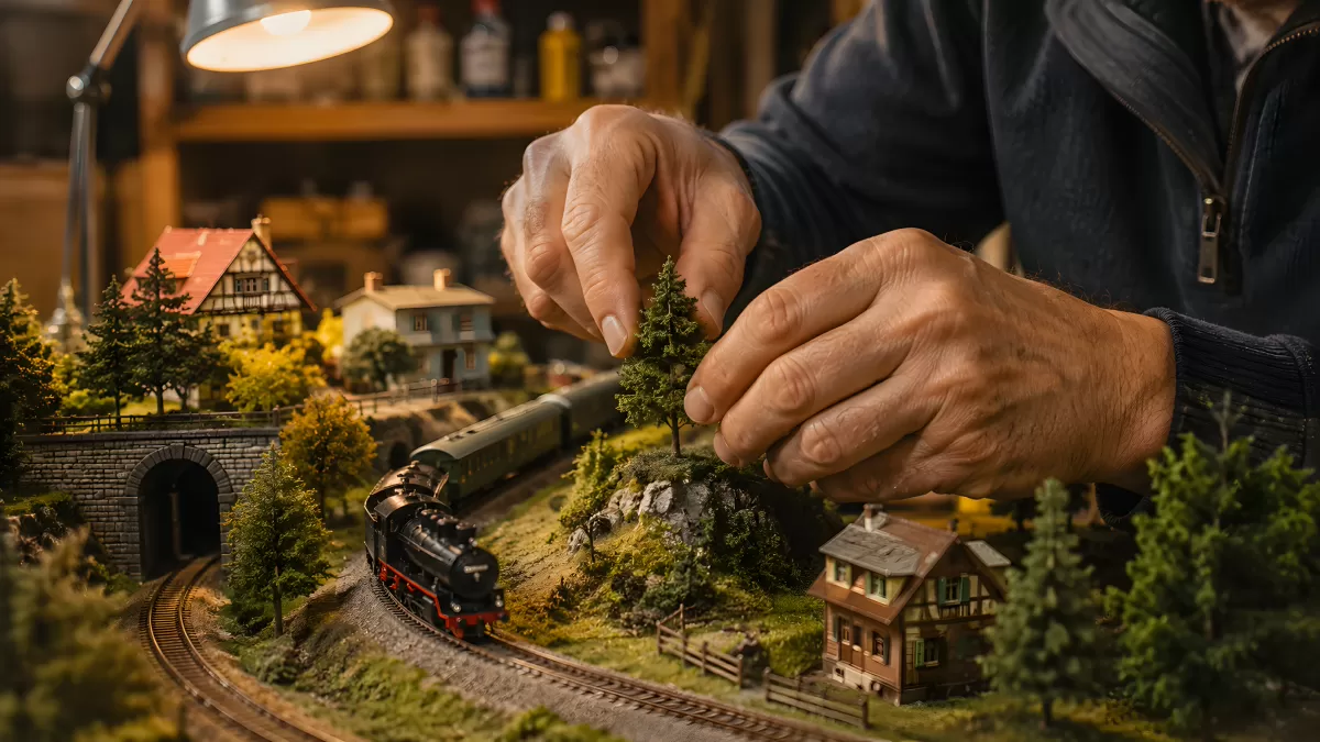 Modellbauer platziert Baum auf detaillierter Miniaturlandschaft
