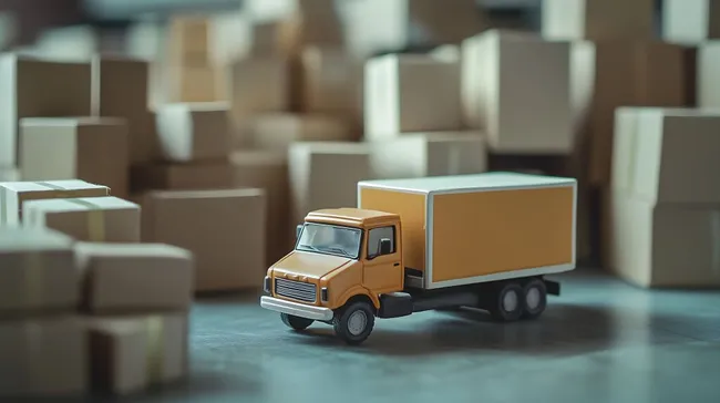 Modelllieferwagen in Lagerhalle mit Kartons