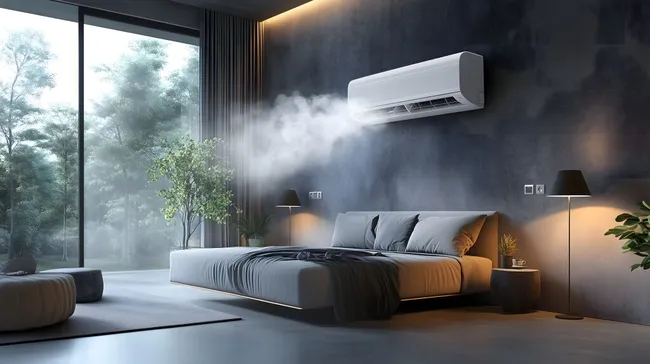 Moderiges Schlafzimmer mit Klimaanlage und Panoramablick